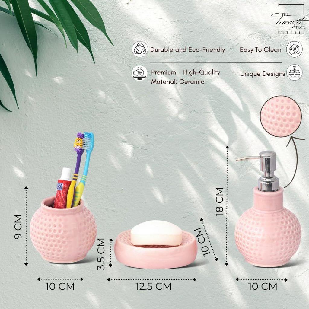 Ceramic Bathroom Accessories Set of 3 | Modern Luxury Bath Set with 300ml Soap Dispenser, Toothbrush Holder & Soap Dish | Home Decor Items