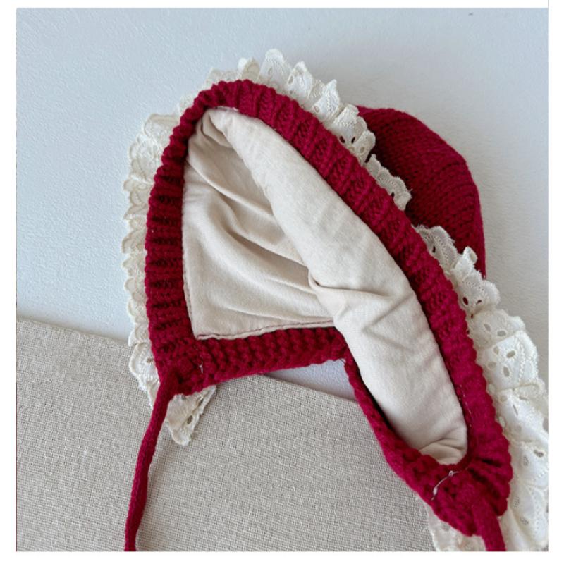 Venkovní teplá čepice pro miminka, chlapce a dívky, podzimní zimní, s ochranou uší, volánková krajka, princezna, dětská pletená vlněná čepice