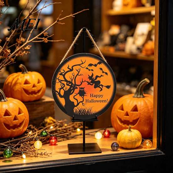 Decorative Round Hanging Sign Halloween Wall Pendant, with Pumpkin And Witch Silhouette, Wooden Retro Style Seasonal Door Ornament Sign, for