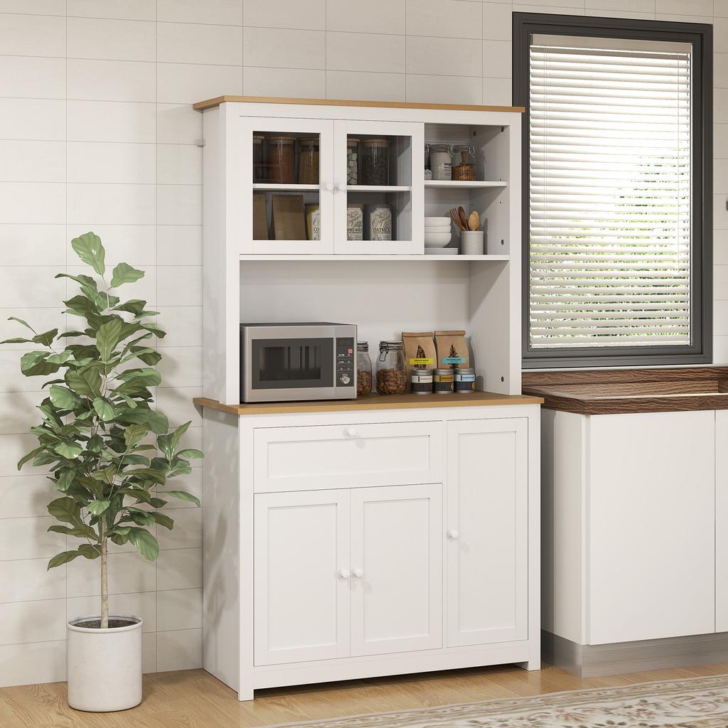 Armario de Cocina Estilo Casa de Campo, 1 Vitrina, 1 Estante Abierto, 1 Cajón, 2 Armarios, Natural + Blanco