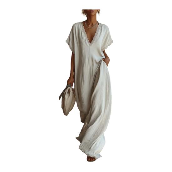 Damen V-Ausschnitt Maxikleid Sommer Baumwolle Leinen Fließend Strand Sonnenkleid Spitzenbesatz Lässig Locker Lang Kleid mit Taschen