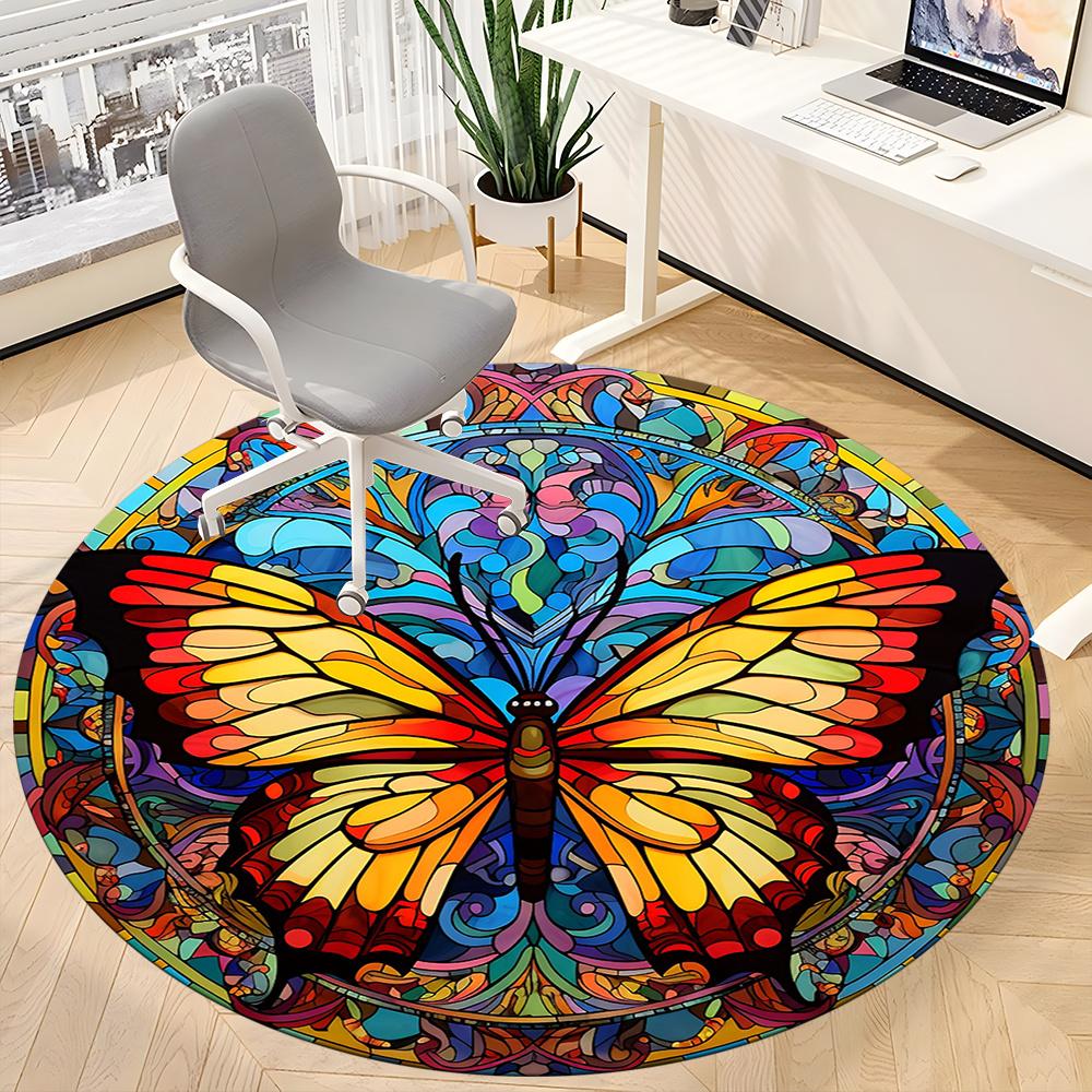 1pc Butterfly StainedGlass Office Round Area Rug, Indoor Mat Suitable ForOffice, Under Office Chairs Bedroom Living Room Home Decor, Room Decot022