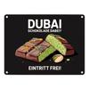 D Metal Outdoor Sign  Stay Calm and Eat Dubai Chocolate with Arabic  German Text Wall Decor for Bars Offices