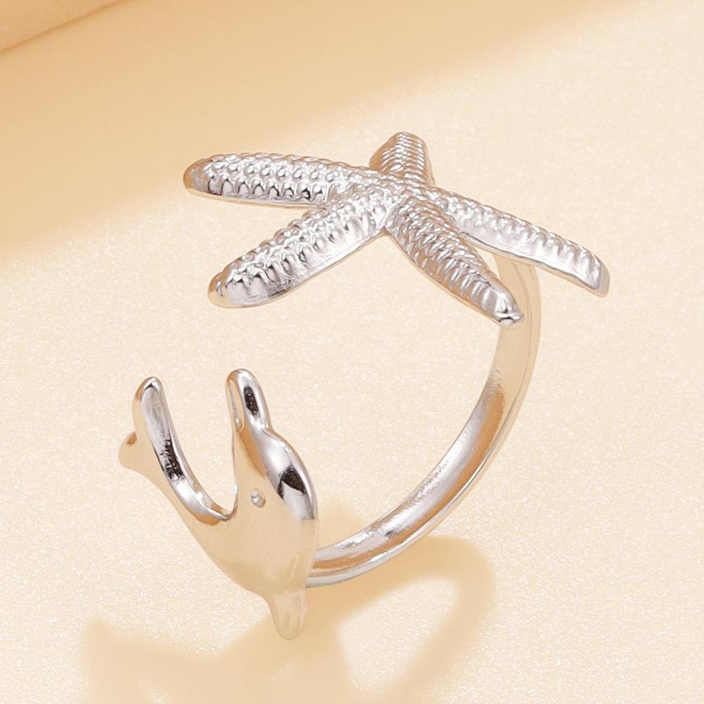 Stainless Steel Marine Animal Ring for Women - Starfish & Dolphin Design, Adjustable Size