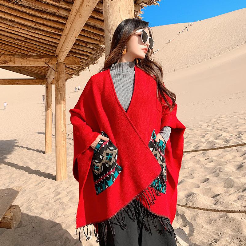 Travel large shawl women's imitation cashmere with double-sided cape geometric pattern fringe air-conditioning room cape summer