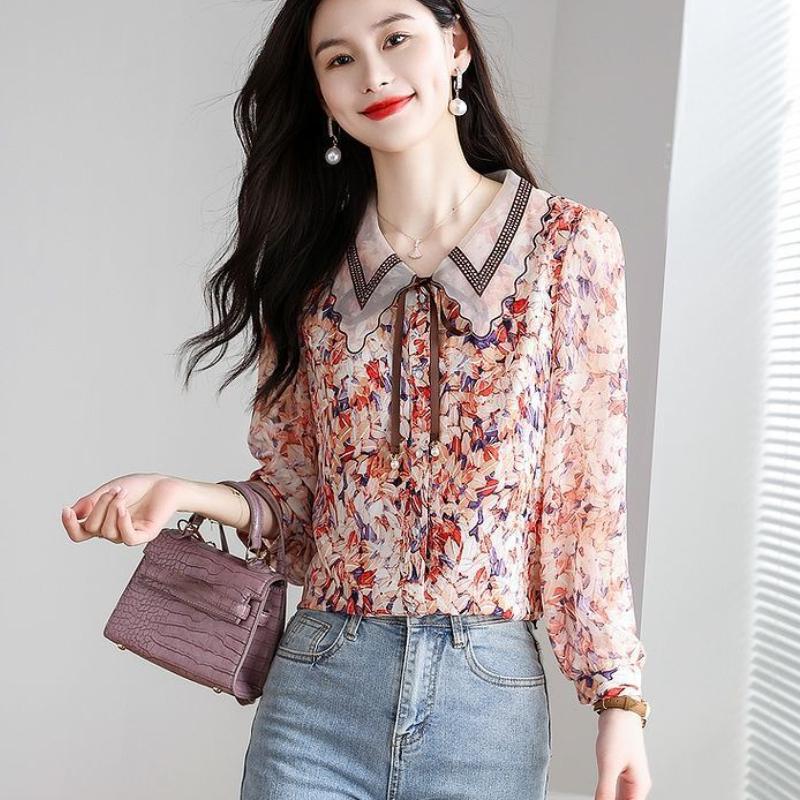 Vintage Flower Print Bow Shirt Women Clothing Summer Three Quarter Sleeve Tops Loose Sweet Blouse
