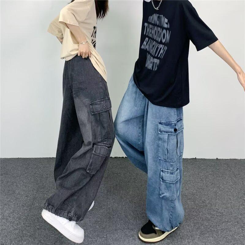 Chinese Street Trend Hip-Hop Straight-Leg Cargo Jeans: Retro Loose Wide-Leg Mid-High Waist Casual Pants