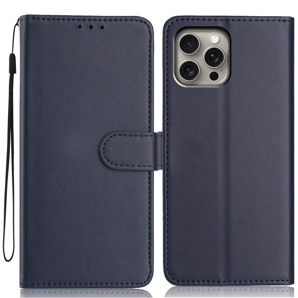 For iPhone 15 Pro Max Wallet Case with Strap/Multiple Card Slots Solid Color Leather Stand Phone Cover