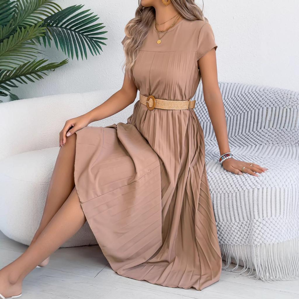 Euro Street Style Short Sleeve Pleated Dress With Pockets For Casual Daily Wear
