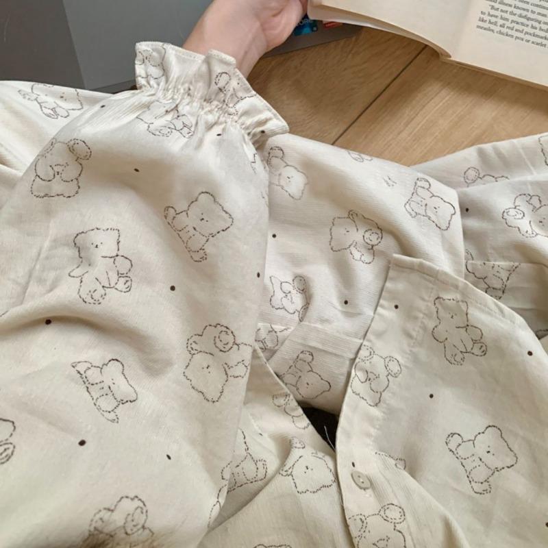 Pajamas Women's Spring Autumn Sleepwear Long Sleeves and Trousers Nightwear Sweet Loose Loungewear Doll Collar Flounce Homewear