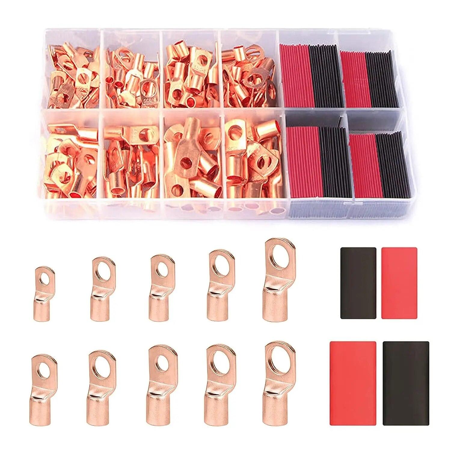 

120Pcs Copper Wire Lugs AWG2 4 6 8 10 12 with 60pcs Heat Shrink Set, 60Pcs Battery Cable Lugs Ends Ring Terminals Connectors