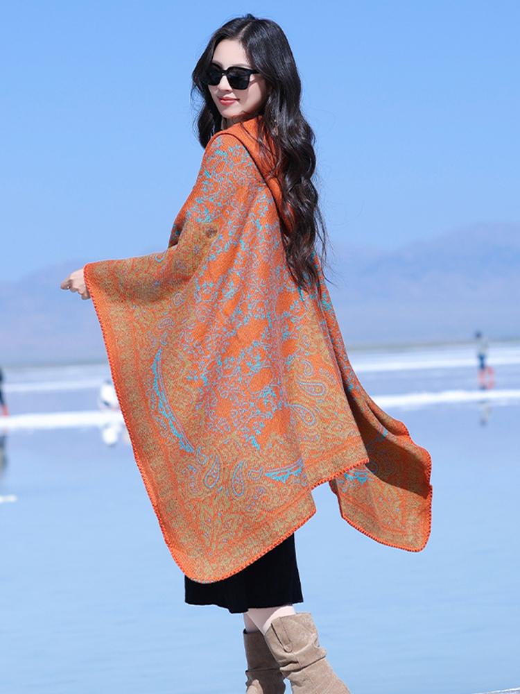 Winter Women Scarf Layers Poncho Hooded Elegant Lady Retro Boho Print Wraps Shawl Casual Scarve Capa Para Mujer Pashmina Cloak