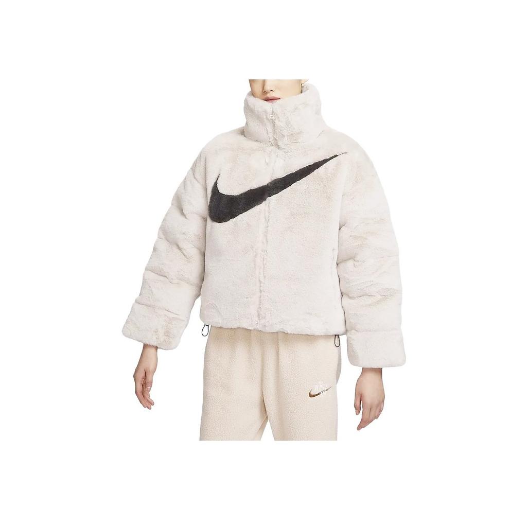 Nike Casual Zipper Stand Collar Long Sleeve Plush Coat Women Outerwear Light-Red Wood-Brown FN0461-104