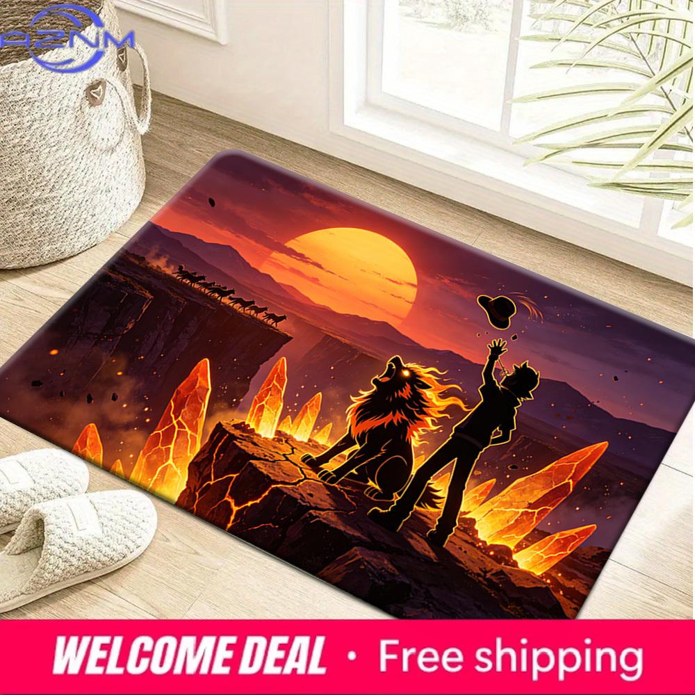 Ash Ketchum and Flaming Lion Pokemon Lava Sunset Print Non-Slip Doormat Soft Floor Mat 40x60cm