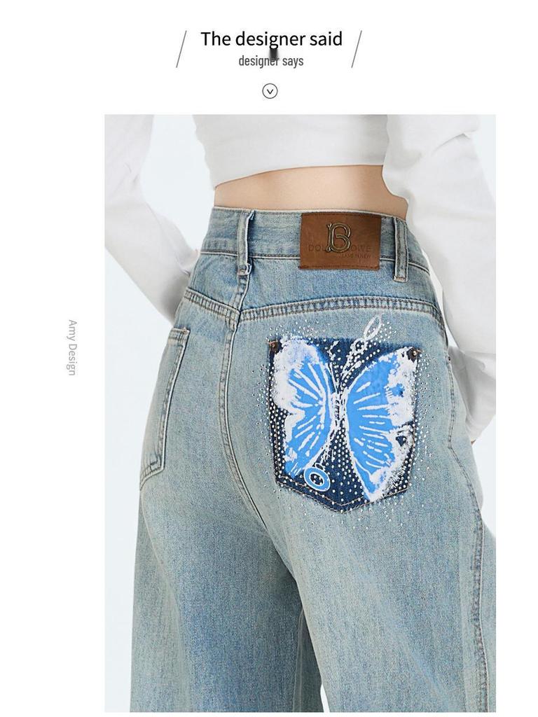 Herbst 2025 Damen Strass Skinny Jeans - Hotfix Design, Gerades Bein, Nische Weitbeinige Passform