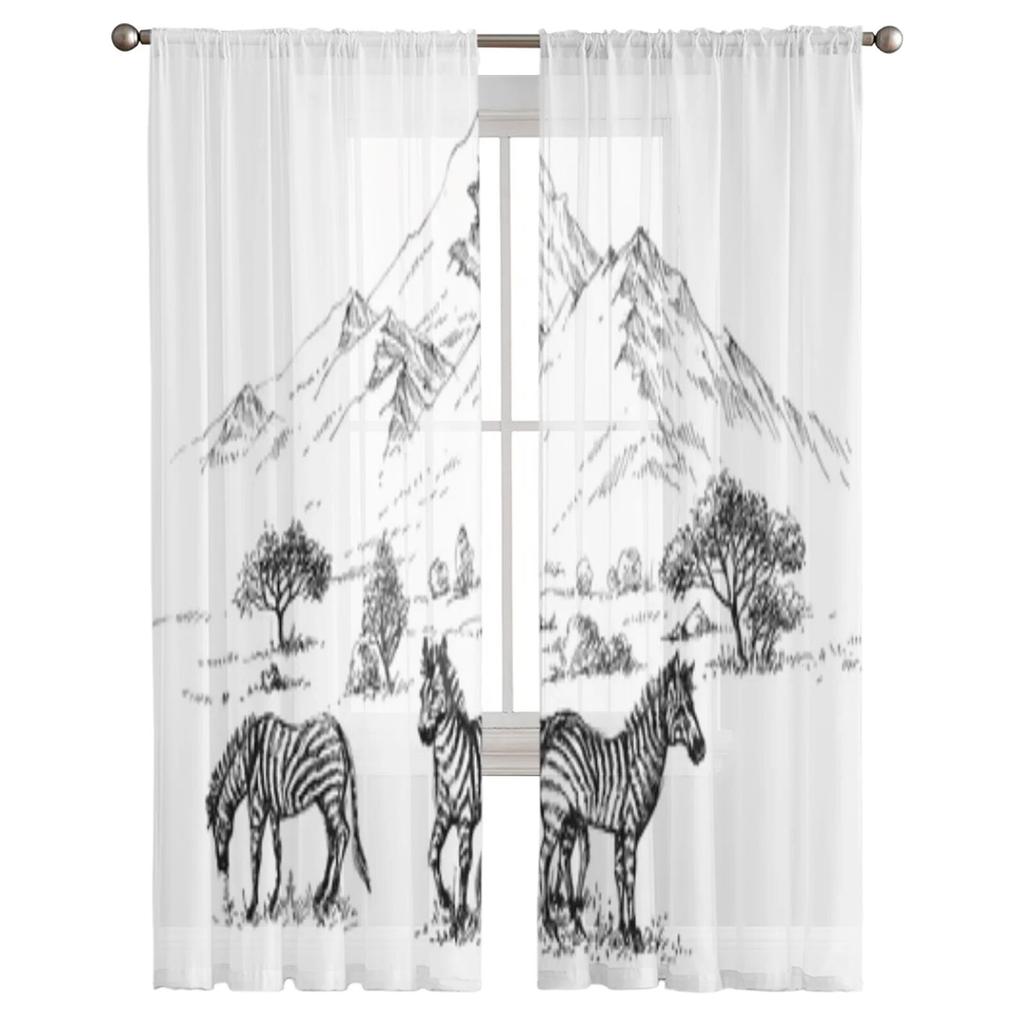 Zebras Sketch Sheer Window Curtains For Living Room Bedroom Modern Voile Tulle Curtains Fabric Drapes For Kitchen