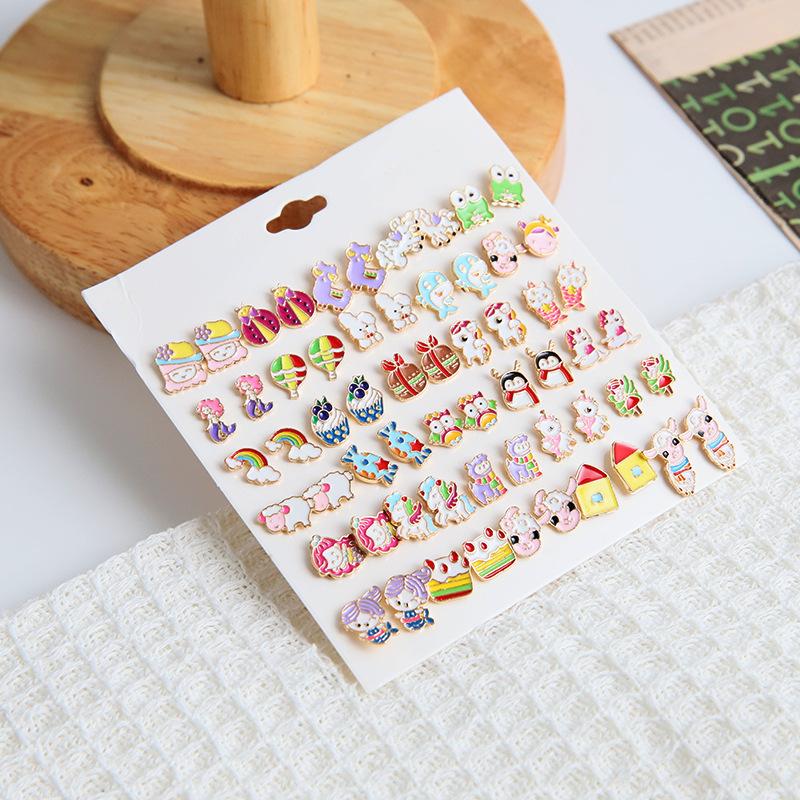 Colored small animal penguin stud earrings 10 pairs combination, cartoon unicorn sheep earrings animal stud earrings