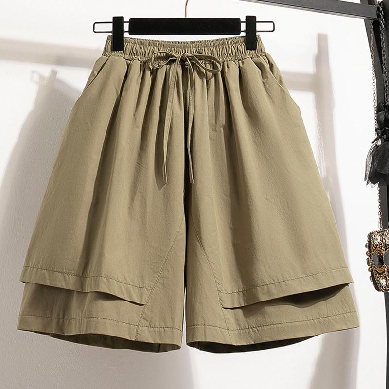 Women's Khaki Wide-Leg A-Line Shorts - Summer 2025 Collection, Loose Fit, Lightweight, Large Size, Five-Point Length