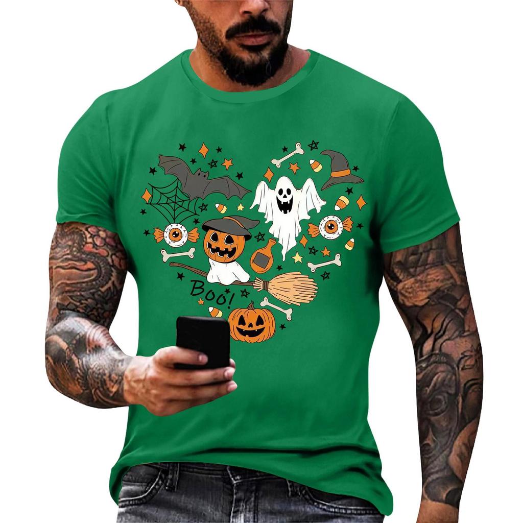 Men Casual Short Sleeve Halloween Print Tee Crew Neck Cotton Fit T Shirt for Everyday Wear and Sports