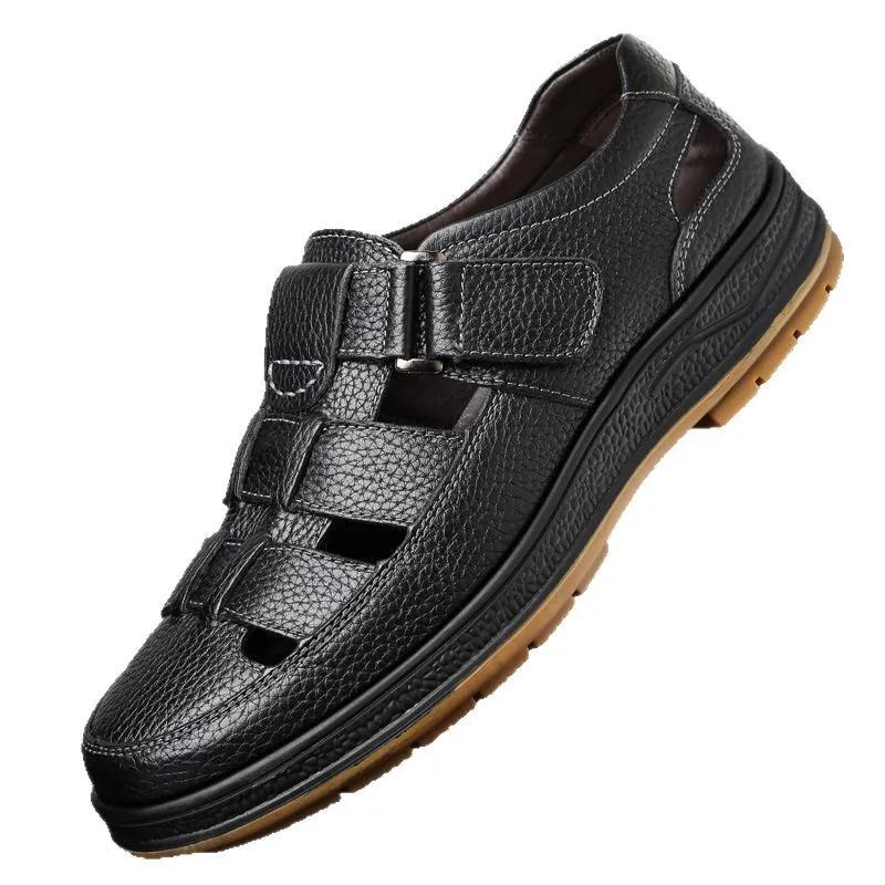 Men's Leather Sandals Breathable Summer Casual Shoes Soft Bottom Anti-Slip Hollow Out Dad Shoes