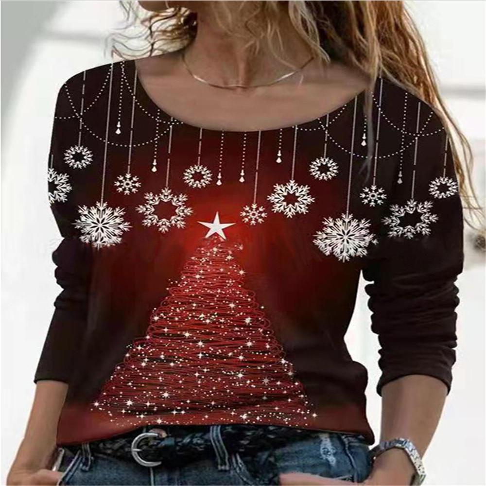 

Fashionable Christmas Floral Themed Loose Printed Round Neck Pullover Top T-shirt S