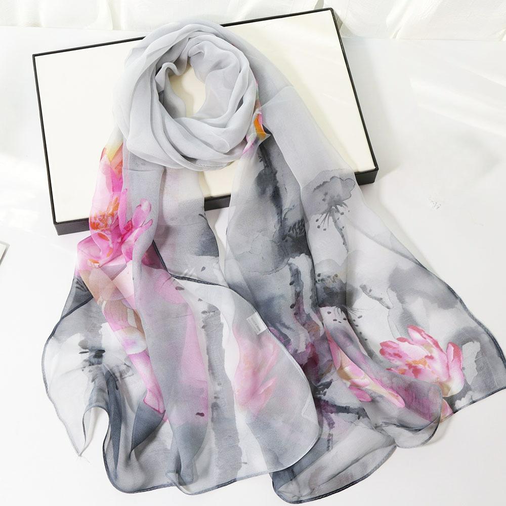 Fashion Thin and Long Printed Silk Scarf Sunscreen Scarf Simulation Silk Decoration Sunscreen Silk Scarf Women Spring and Summer