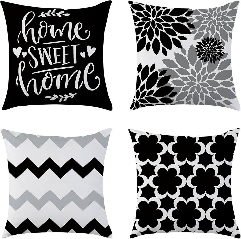 Farmhouse Pillow Covers Of 4 Gray Double-Sided Printed Throw Pillow Covers - Super Soft Short Plush Pillow Case For Couch