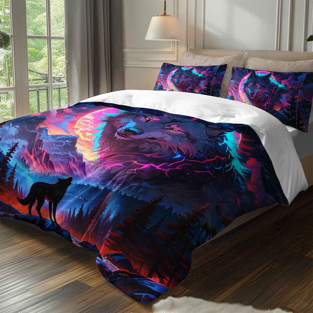 3pcs Wolf Animal Bedding Duvet Cover Set Aurora Bedding Quilt Set Wild Wolf Themed Bed Quilt Set Animal Landscape Bedroom Decor