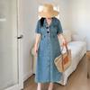 Large size fat MM fashion Hong Kong style waist denim skirt summer new suit collar temperament medium and long skirt 212087