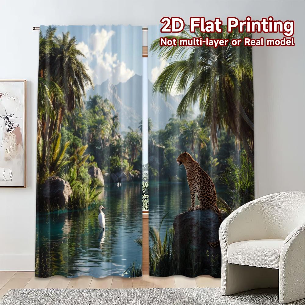 2pcs, 2D FLAT PRINTING Curtains (Without Rod) Savannah Oasis Popular Contemporary Curtains 100% Polyester Curtains Thermal