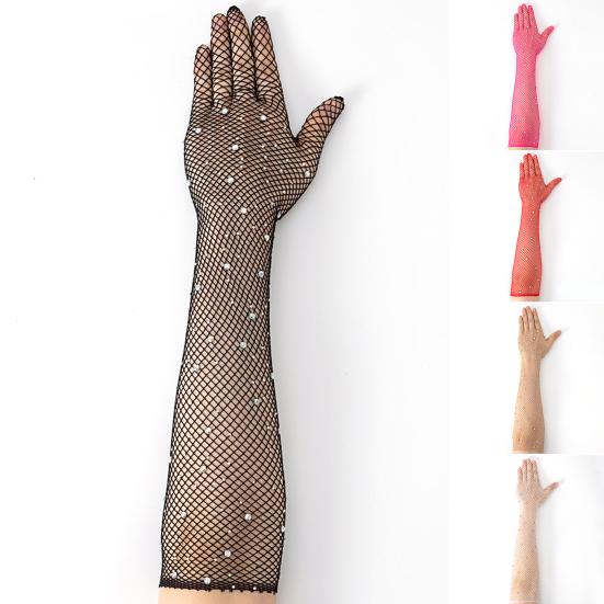 Long Rhinestone Fishnet Gloves for Women Sparkly Mesh Elbow Length Gloves for Rave Party Halloween Wedding Costume Accessories