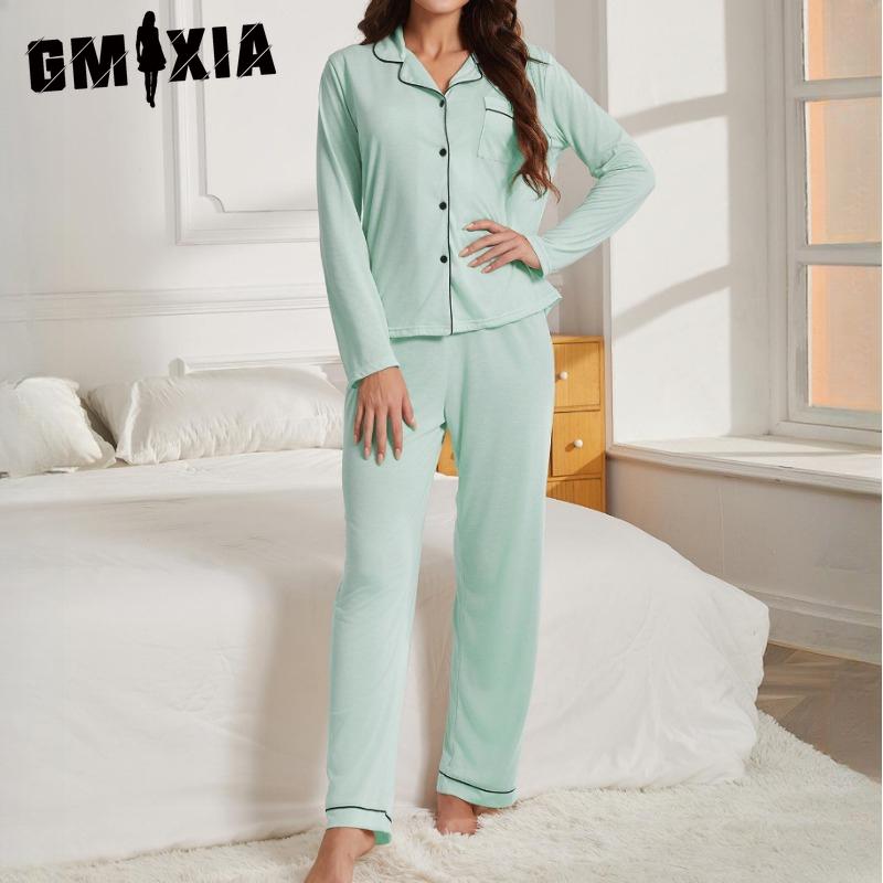 

GMXIA Женская пижама Осень и Зима Однотонный кардиган с длинным рукавом Комплект домашней одежды XL светло-зеленый