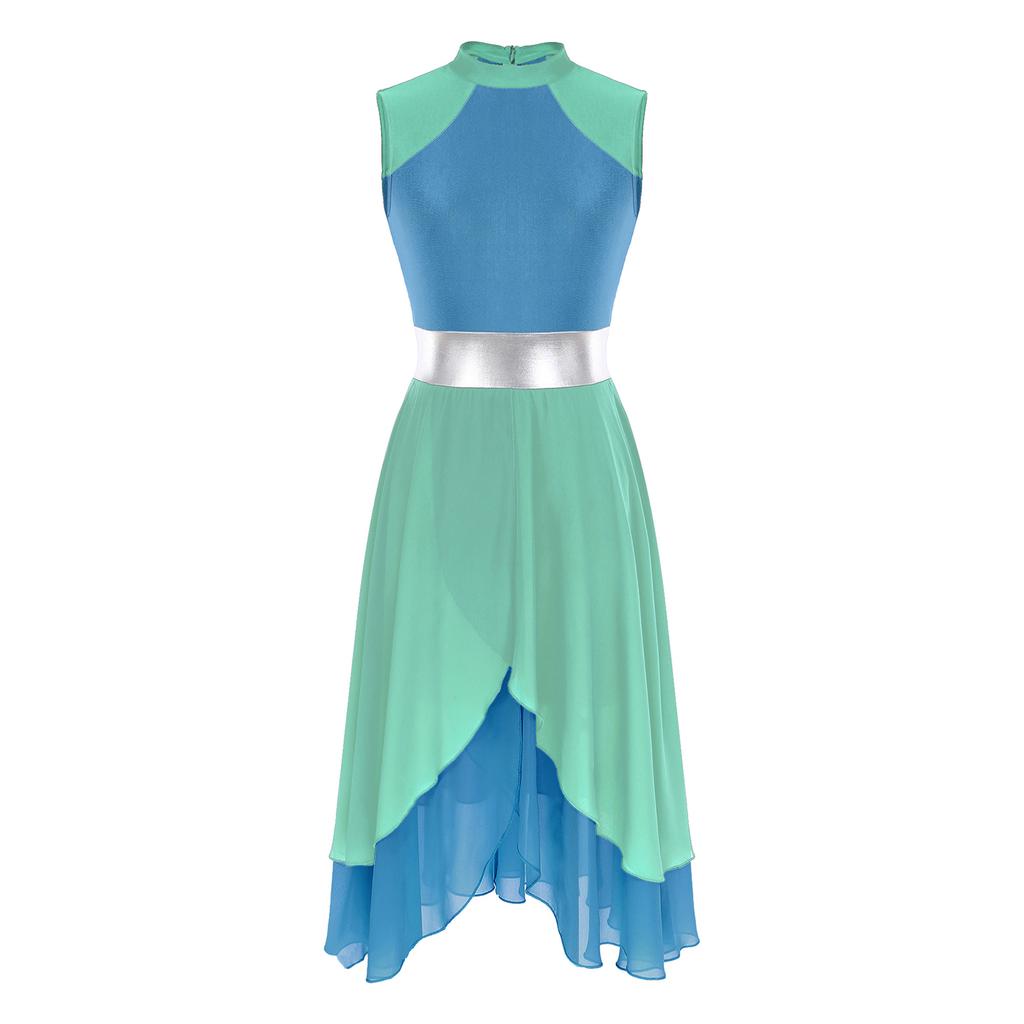 Womens Color Block Dance Dress Sleeveless Mock Neck Design Split Asymmetrical Hem Performance Wear
