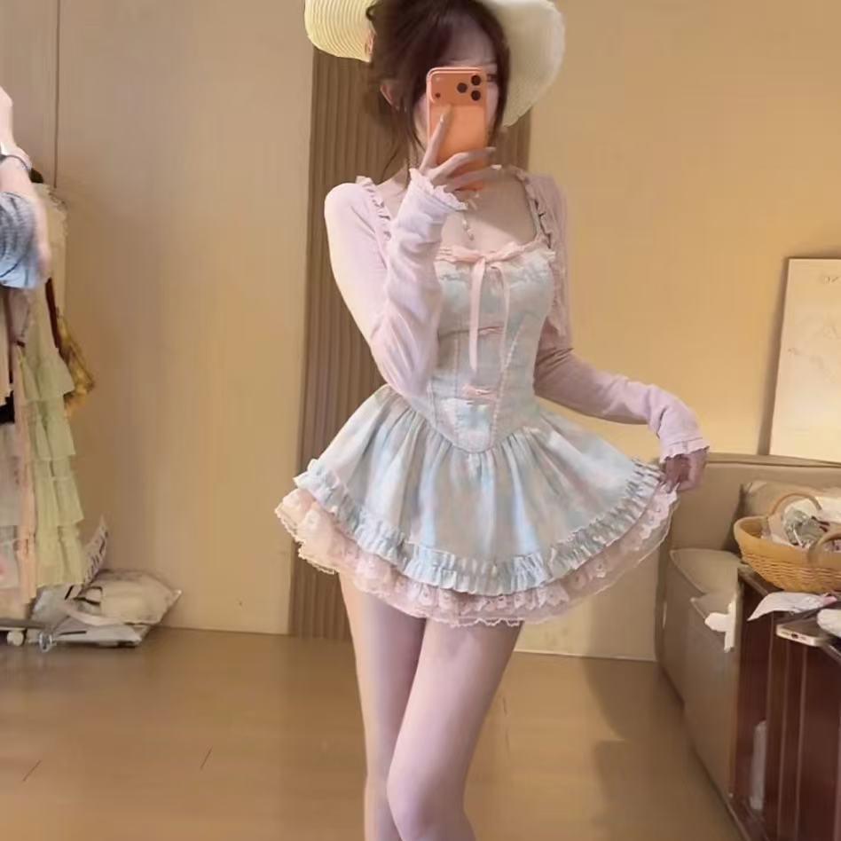 

Pure Desire Lace Patchwork Lolita Print Camisole Dress with Waist-Cinching Slimming Design XL