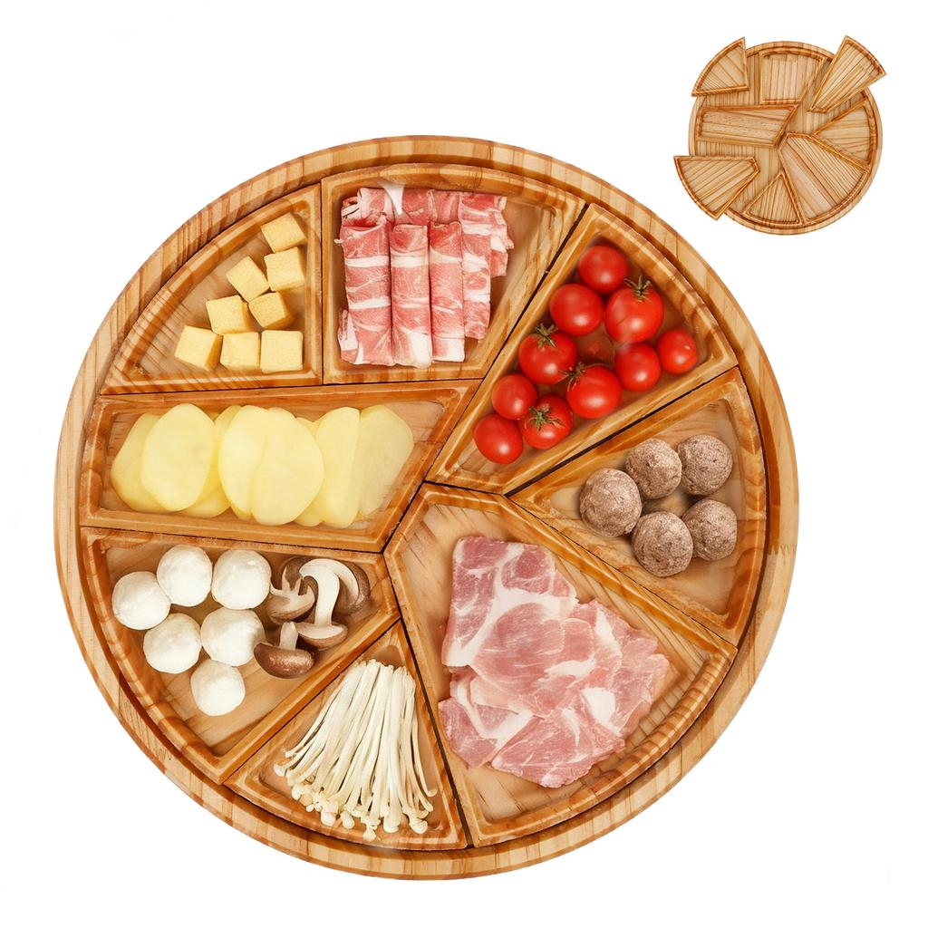 Puzzle Serving Tray with 8 Removable Compartment Wooden Divided Tray Food Platter for Fruit Dessert Nut Snacks