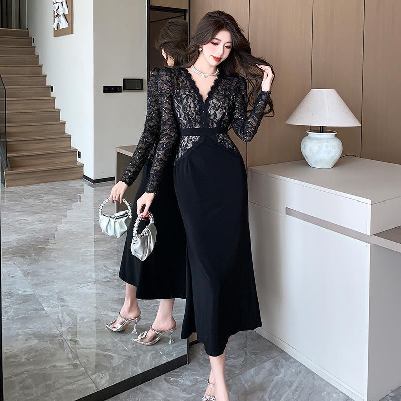 

Elegant Autumn French Lace Fishtail Evening Dress - Hepburn Inspired L чёрный