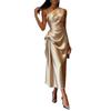 Women One Shoulder Satin Midi Dress Elegant Draped Evening Party Dress