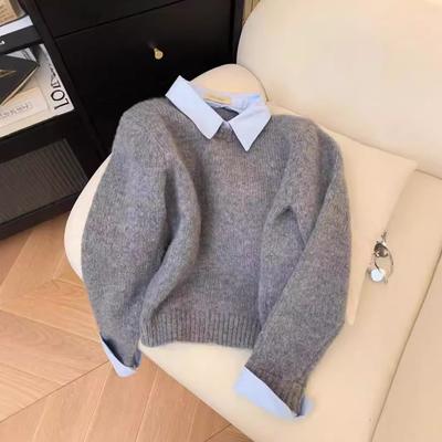 Sweter damski z kołnierzykiem koszuli imitującym dwuczęściowy zestaw, nowy na jesień i zimę, warstwa wewnętrzna, styl lazy, kontrastowa klapa, szary top