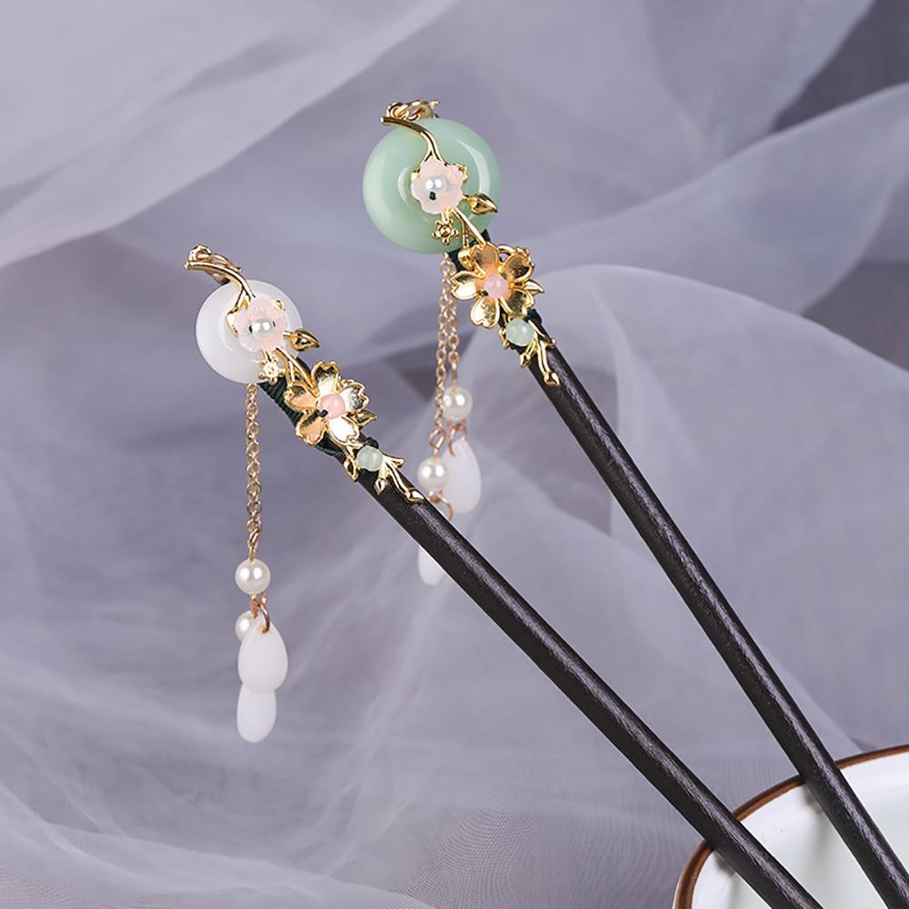 Hanfu Women Chinese Style Tassel Flower Hairpins Wooden Hair Fork Hair Sticks Hair Accessories