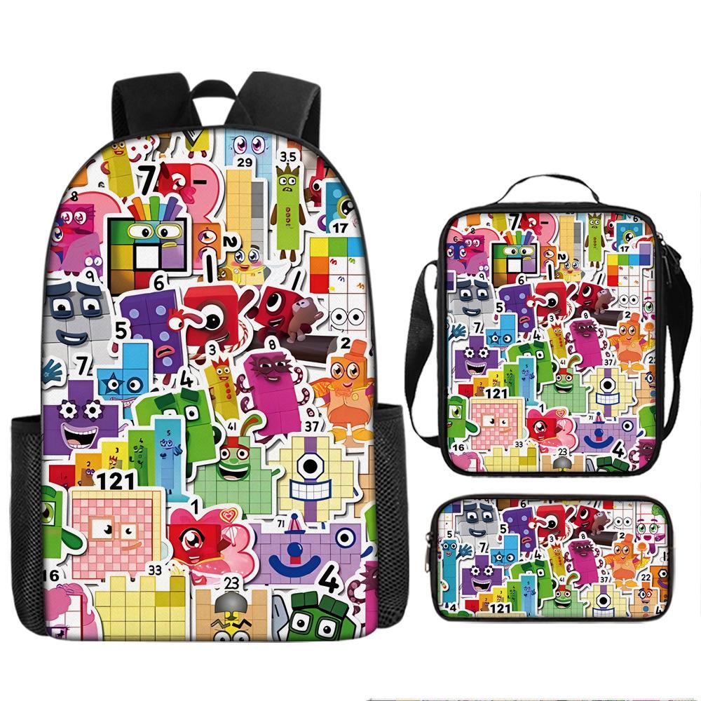 Digital Building Block Numberblocks School Bag Large Capacity Polyester Backpack Satchel Bag Pencil Bag Backpack Three-Piece Set