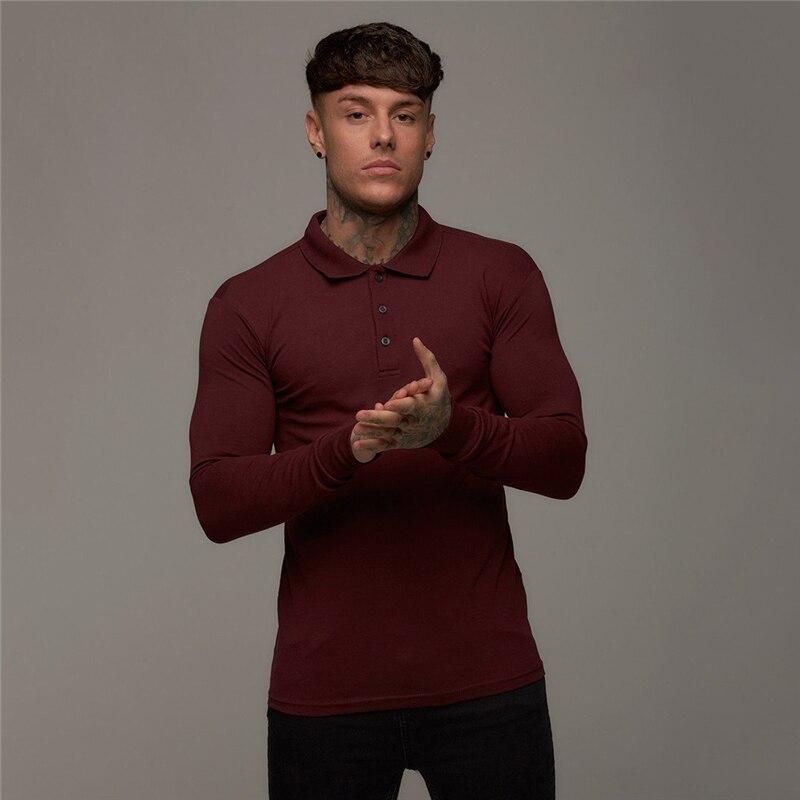 Muscleguys Spring and Autumn Comfortable Long Sleeve Polo Shirt Men Turn-over Collar Fashion Breathable Business Casual Tops Solid Color