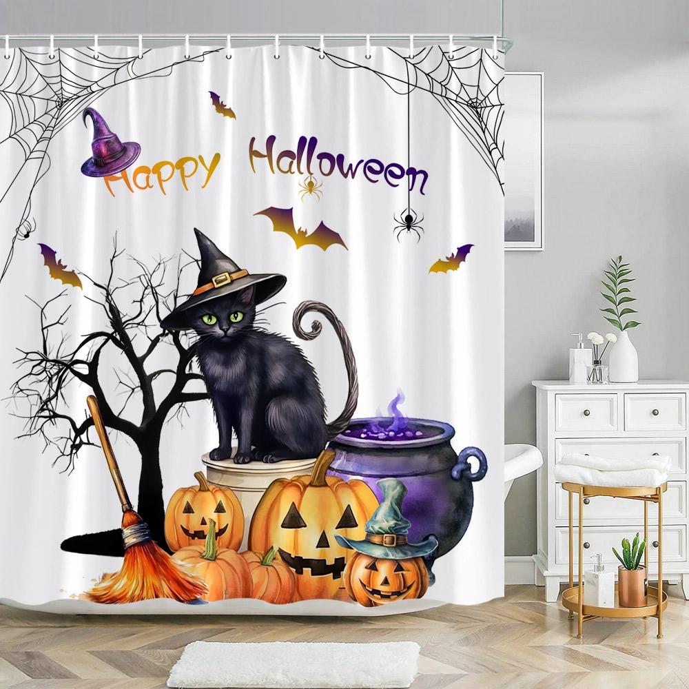 Scary Halloween Shower Curtains Black Cat Pumpkin Shower Curtain Witch Purple Bat Spider Web Cloth Shower Curtain Bathroom Decor