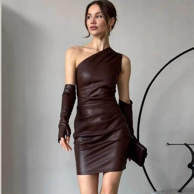 

Western Style Pleat Sexy Sheath Sloping Shoulder PU Leather Dress Slant Neck PU Leather Dress Brown L