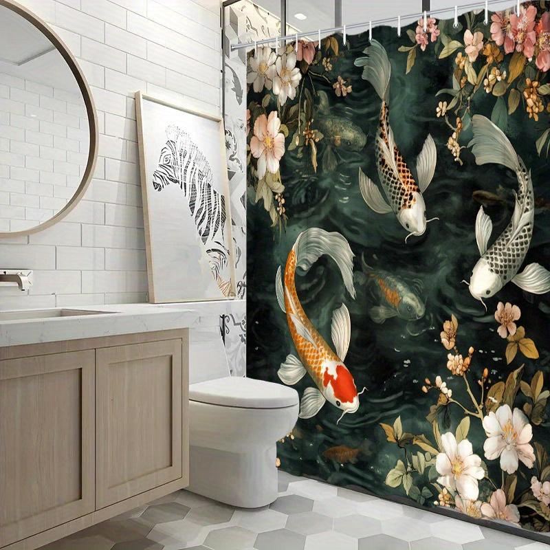 1pc Koi Fish Shower Curtain - Orange, White & Black Koi in Lush Pond with Flowers, Polyester, 70.8x70.8",12 Hooks, Easy to Clean