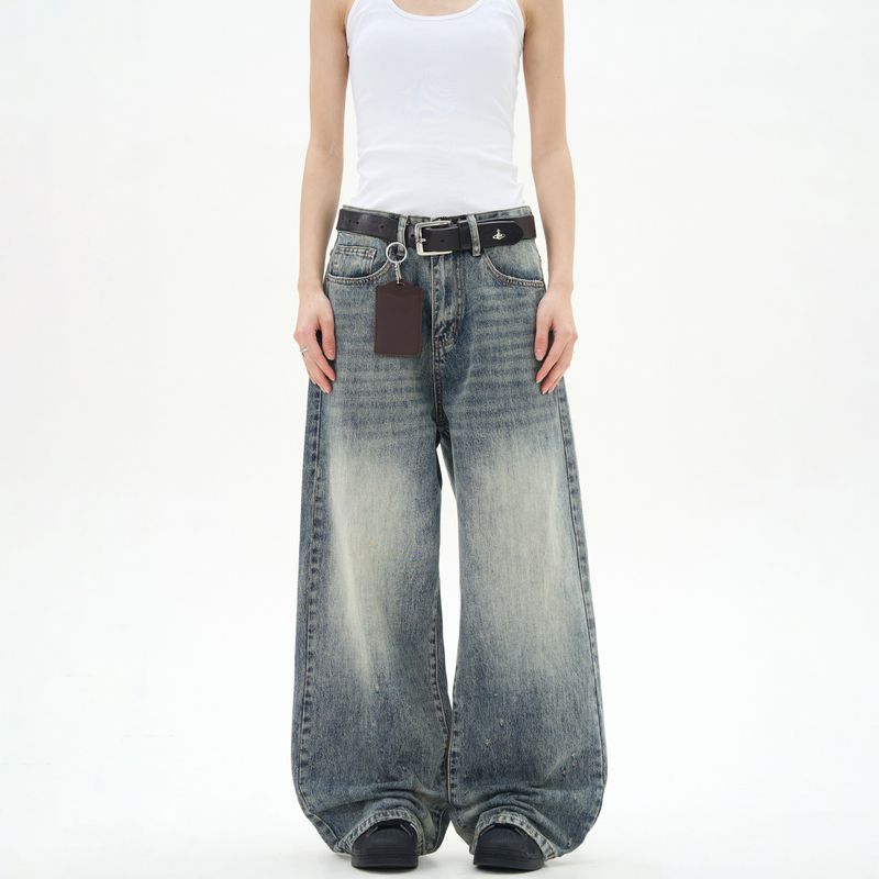 

Kisko American Retro Washed Distressed Straight-Leg Jeans for Men and Women, New Loose Cleanfit Long Pants Retro Blue 2XL