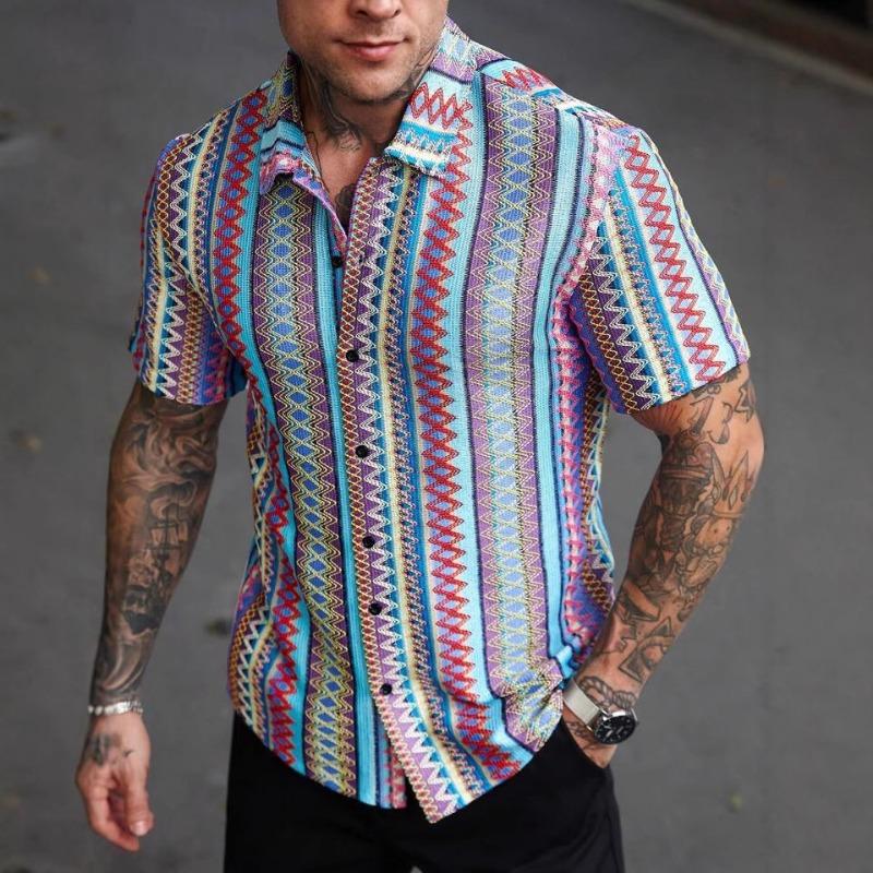 Camicia da Uomo a Maniche Corte con Stampa Geometrica Azteca, Bottoni, Casual, Estiva, da Spiaggia