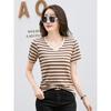 Women's V-neck T-shirt Solid Color Loose Short-sleeved Striped Casual Style XS Size for Summer Leisure Tops