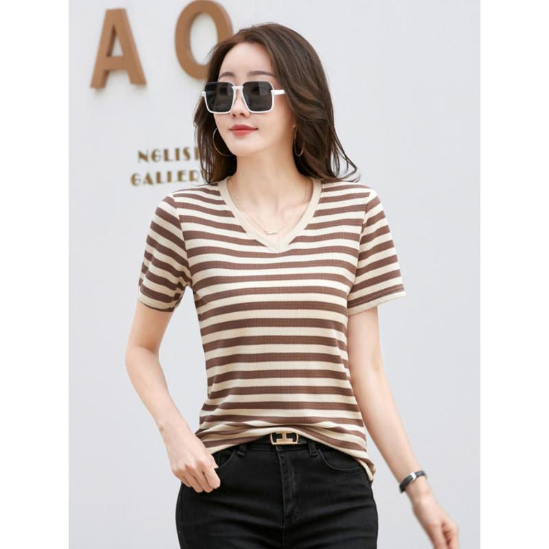 Women's V-neck T-shirt solid color loose short-sleeved striped casual style XS size for summer leisure tops