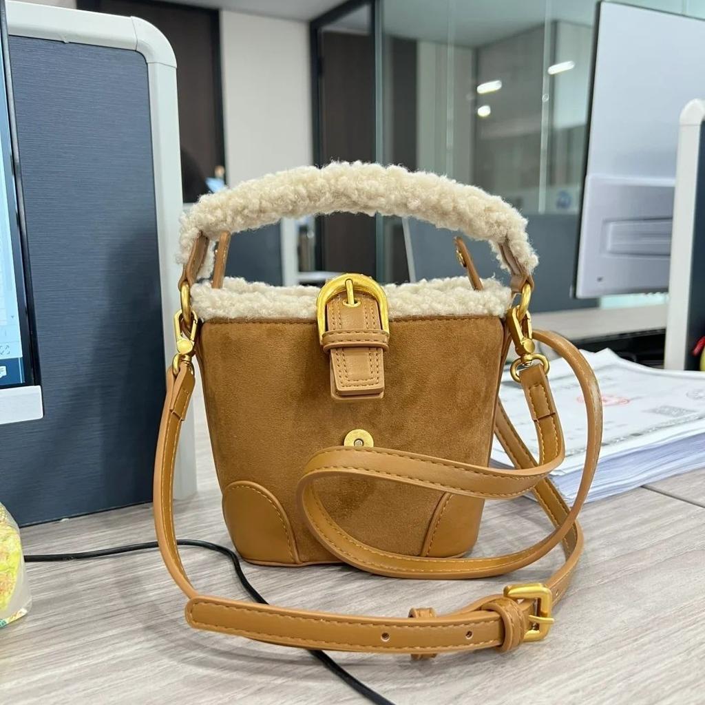 Genți Tip Găleată de Damă cu Un Umăr Toamnă Iarnă Vintage Versatilă Lână de Miel Mini Geantă de Mână Coreeană Elegantă Modă Geantă Crossbody