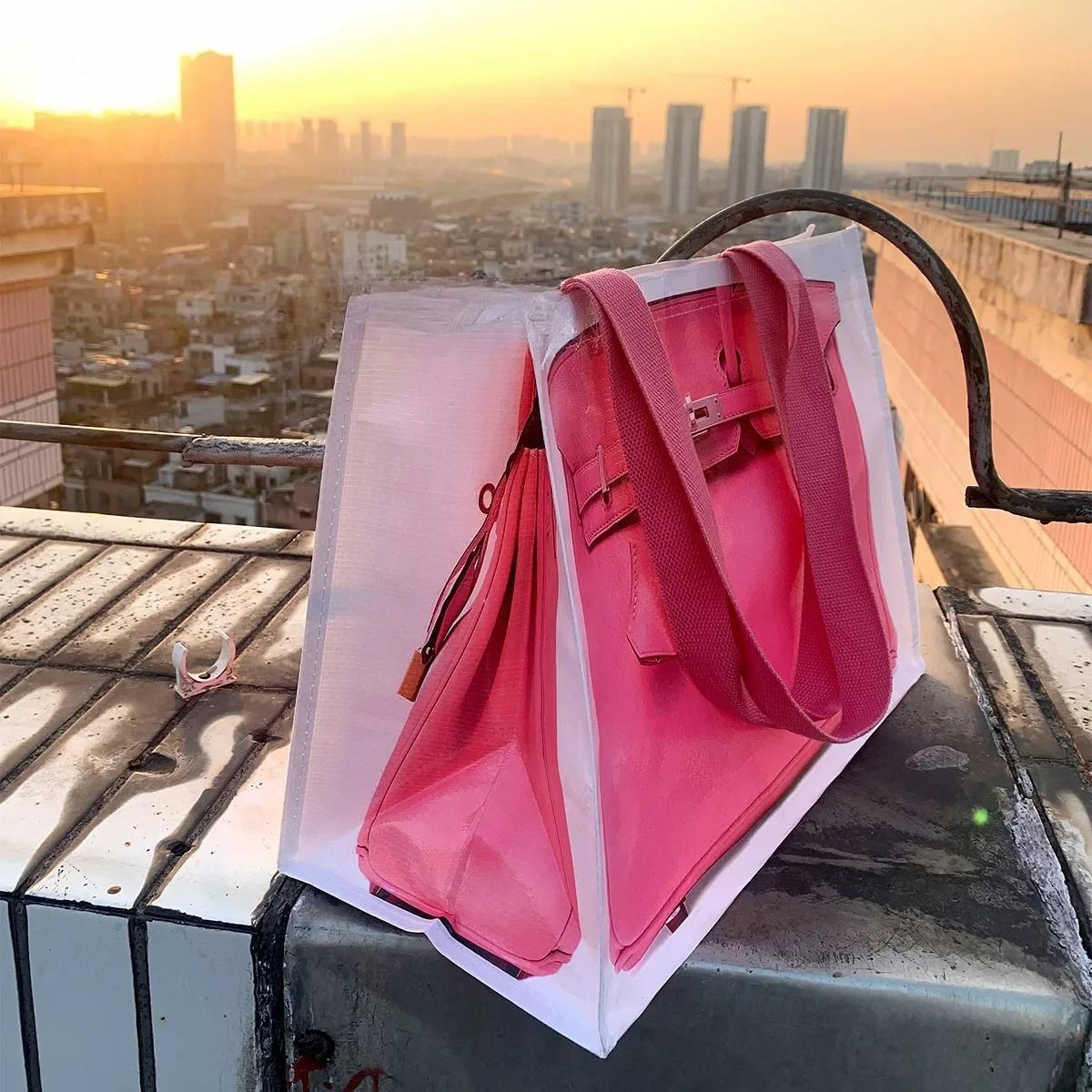 Креативные сумки для покупок от блогера, женская сумка-тоут большого объема с принтом, плетеная сумка для продуктов, смешные сумки 41X31X21 CM розовый